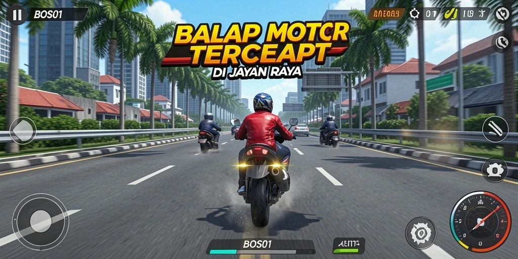 Screenshot gameplay menunjukkan aksi balapan motor yang seru dan mendebarkan.