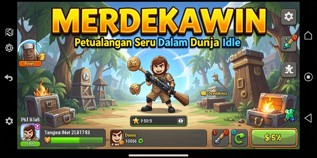 Tampilan gameplay Merdekawin dengan karakter beraksi dalam mekanisme idle.