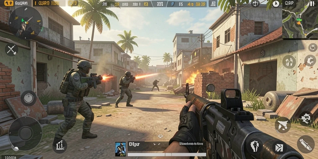 Screenshot gameplay QQRP menunjukkan aksi menegangkan dalam pertempuran FPS.