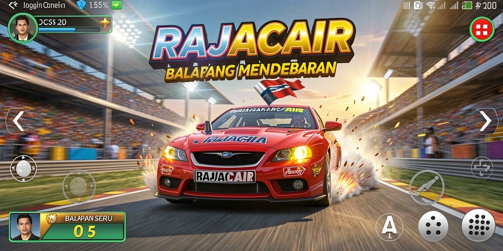 Tampilan seru gameplay RAJACAIR dengan mobil balap yang melaju kencang.
