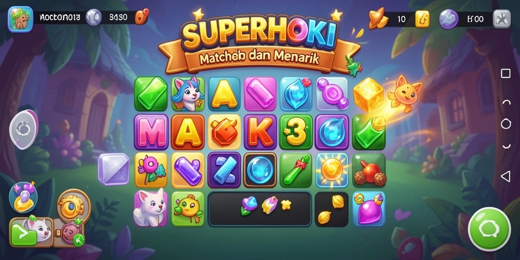 Screenshot gameplay seru dari SUPERHOKI yang menunjukkan aksi Match-3.
