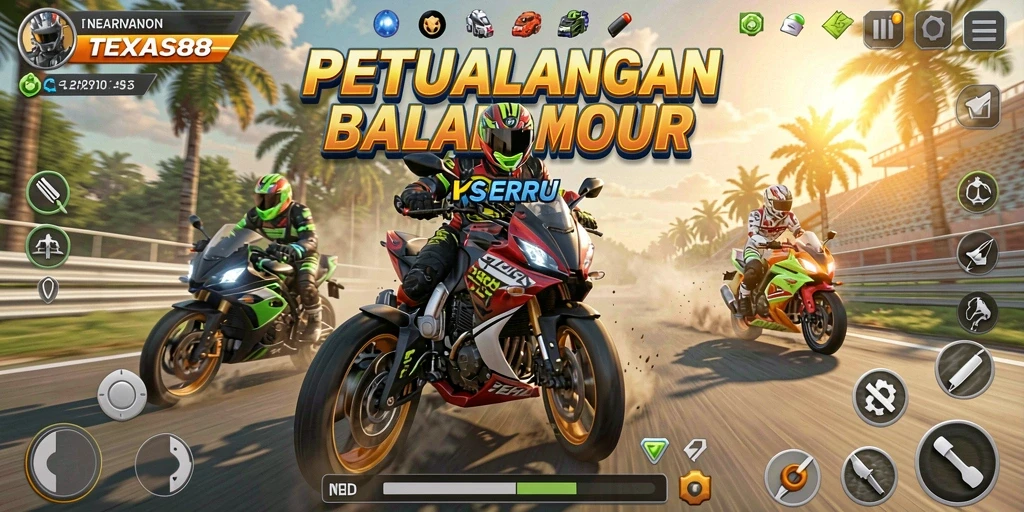 Screenshot gameplay TEXAS88 menunjukkan adrenalin balapan motor yang mendebarkan.
