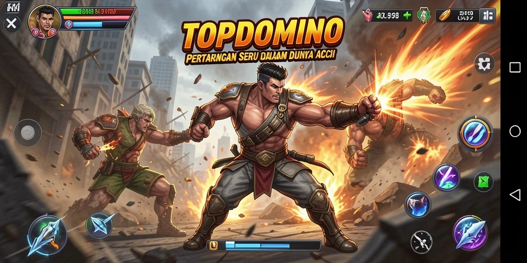Tampilan gameplay intens dari game Action TOPDOMINO yang menampilkan pertarungan seru.