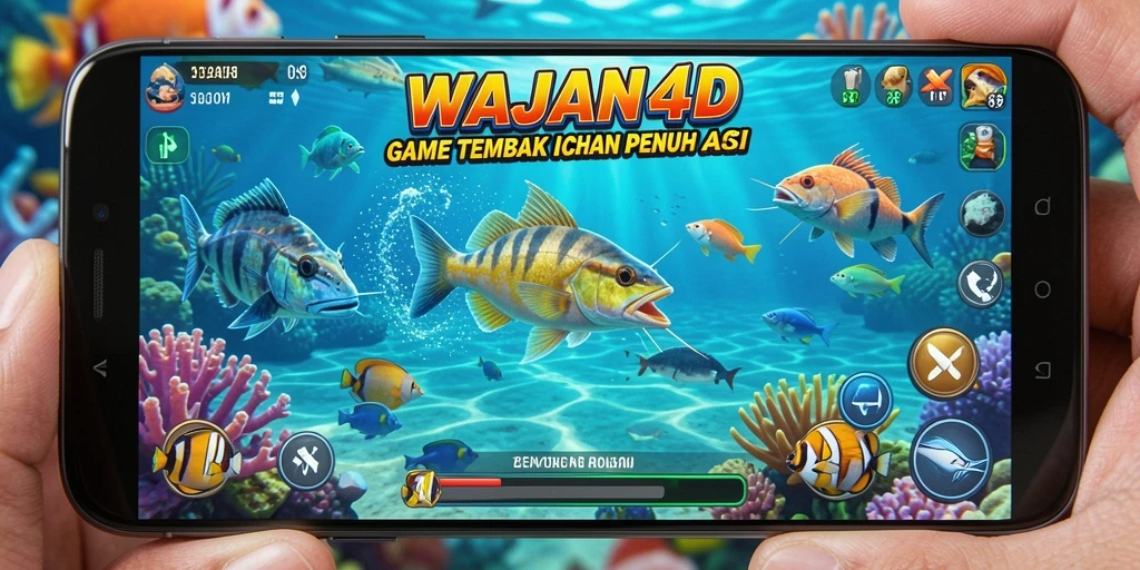 Tampilan layar awal WAJAN4D dengan berbagai ikan berwarna-warni.